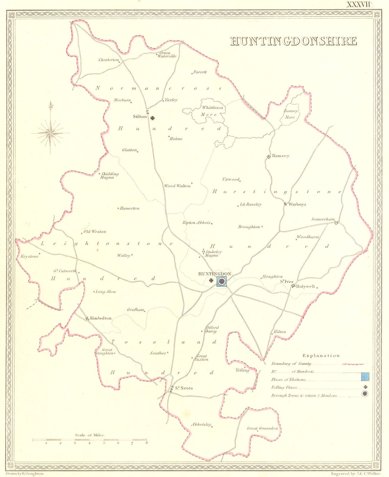 HUNTS. Huntingdonshire. Creighton Walker 1835 old antique map plan chart